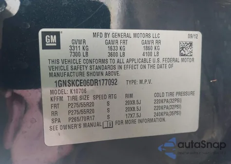 2013 Chevrolet Tahoe Ltz z USA, uszkodzony, nr VIN 1GNSKCE06DR177092